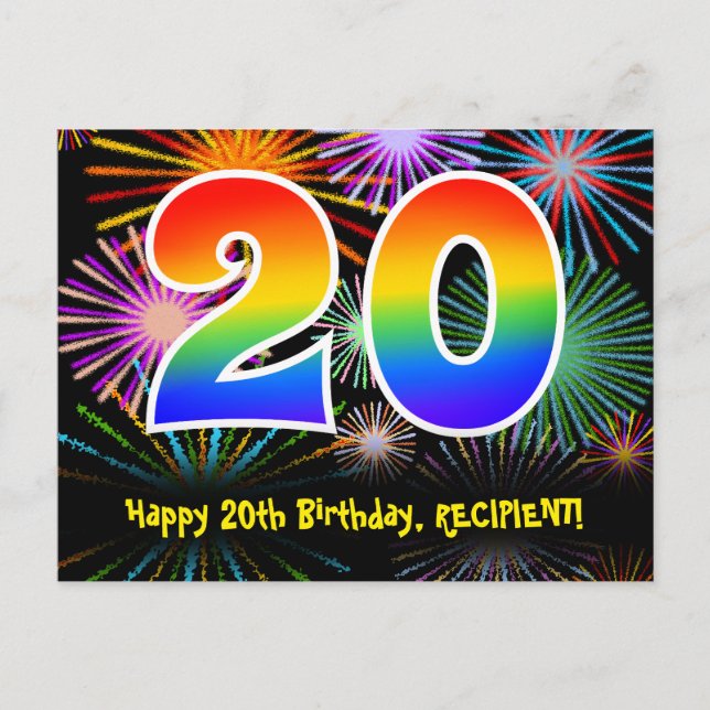 Carte Postale 20e Anniversaire – Motif de feux d'artifice amusan (Devant)