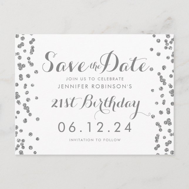 Carte Postale 21e Anniversaire Argent Enregistrer La Date Confet (Devant)
