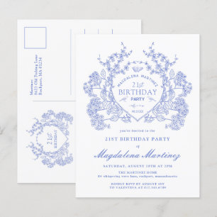 CARTE POSTALE 21e anniversaire Blue Floral Crest I