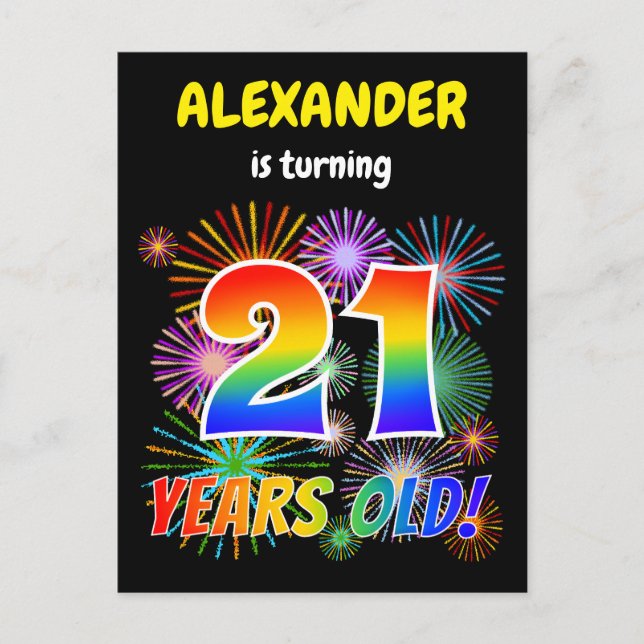 Carte Postale 21e anniversaire - Fun Fireworks, Rainbow Look "21 (Devant)