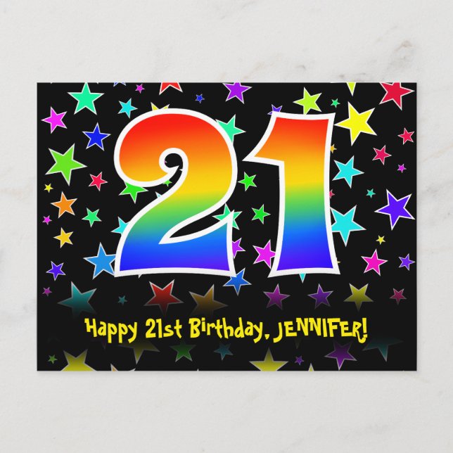 Carte Postale 21e anniversaire : Fun Stars Motif, Rainbow 21, No (Devant)