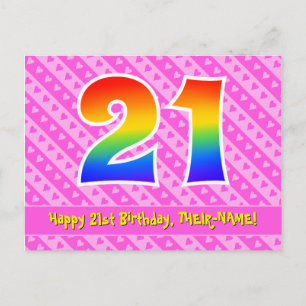 Carte Postale 21e Anniversaire : Rayures roses et cœurs, Arc-en-