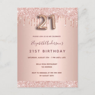 Carte Postale 21e anniversaire rose or parties scintillant rose 
