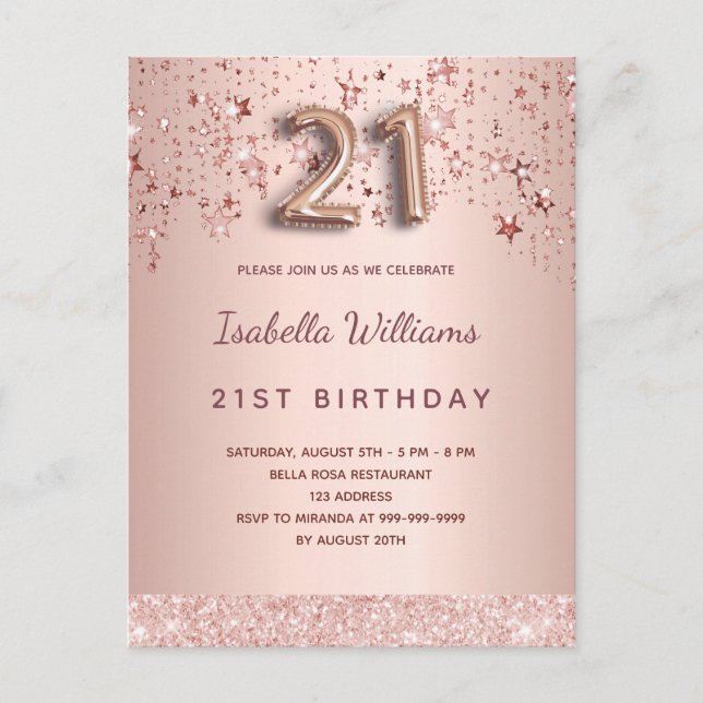 Carte Postale 21e anniversaire rose or rose ballon étoiles (Devant)