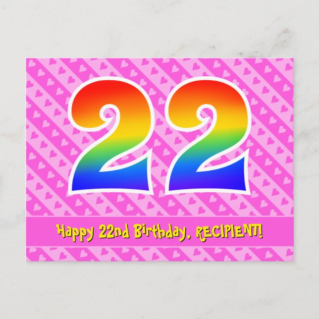 Carte Postale 22e anniversaire : Bandes roses et cœurs, Arc-en-c (Devant)