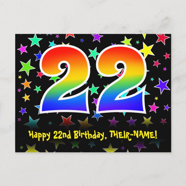 Carte Postale 22e anniversaire : Fun Stars Motif, Rainbow 22, No (Devant)