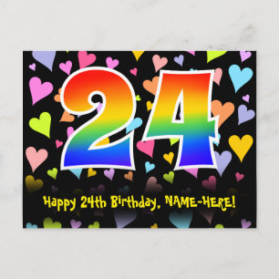 Carte Postale 24e Anniversaire : Motif coeurs amusants, Arc-en-c