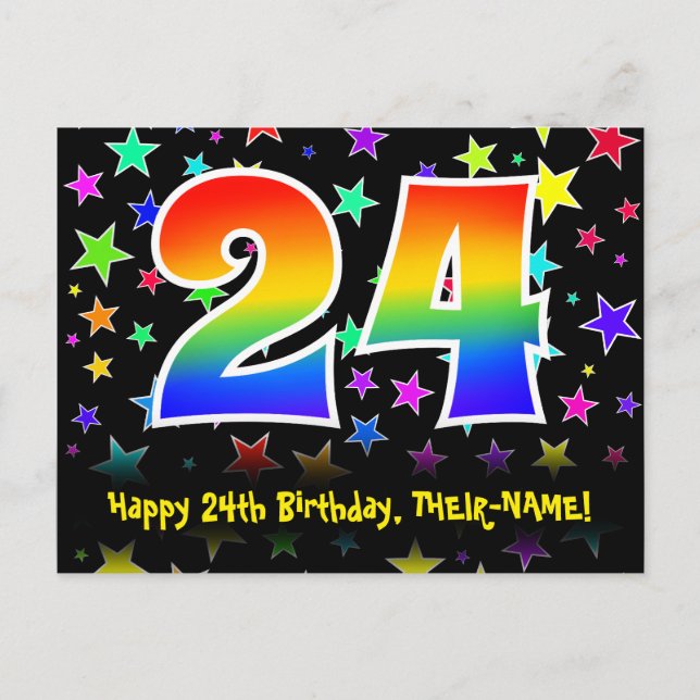 Carte Postale 24e Anniversaire : Motif Étoiles Amusantes, Arc-en (Devant)