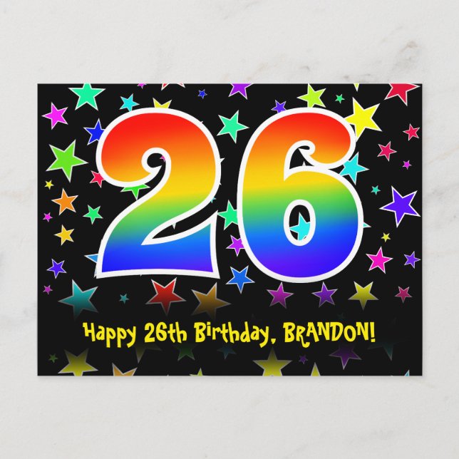 Carte Postale 26e Anniversaire : Motif Étoiles Amusantes, Arc-en (Devant)