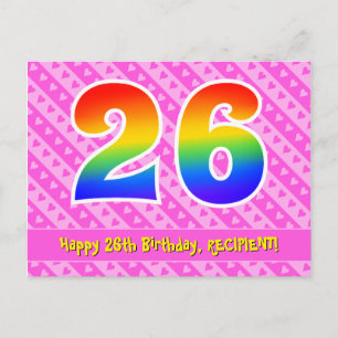 Carte Postale 26e anniversaire : Rayures roses et cœurs, arc-en-
