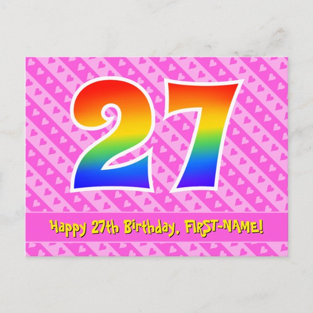 Carte Postale 27e anniversaire : Rayures roses & Cœurs, Arc-en-c (Devant)