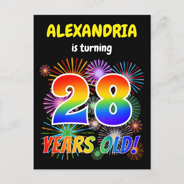 Carte Postale 28e anniversaire - Fun Fireworks, Rainbow Look "28 (Devant)