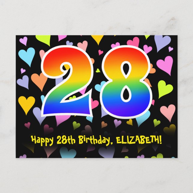 Carte Postale 28e anniversaire : Fun Hearts Motif, Arc-en-ciel 2 (Devant)