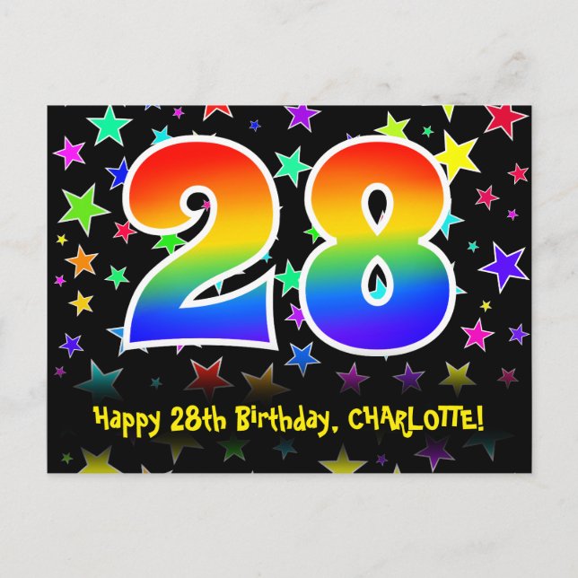 Carte Postale 28e Anniversaire : Motif Étoiles Amusantes, Arc-en (Devant)
