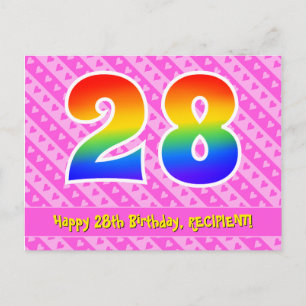 Carte Postale 28e anniversaire : Rayures roses et cœurs, arc-en-