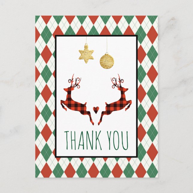 Carte Postale 2 cerfs de Noël sautants de style rustique Merci (Devant)