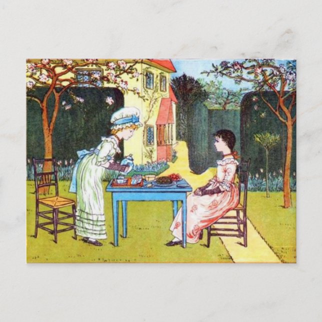 Carte postale: 2 Filles victoriennes ayant un thé  (Devant)