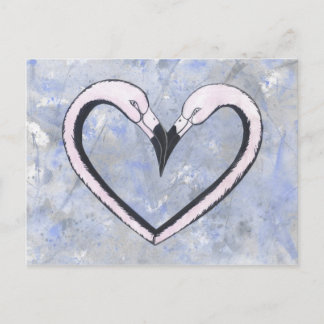 Carte Postale 2 Flamant rose baiser coeur sur bleu