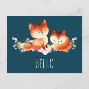 Carte Postale 2 mignons Petits Renards Rouges Aquarelle Design