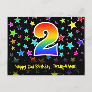Carte Postale 2e anniversaire : Fun Stars Motif, Rainbow 2, Nom