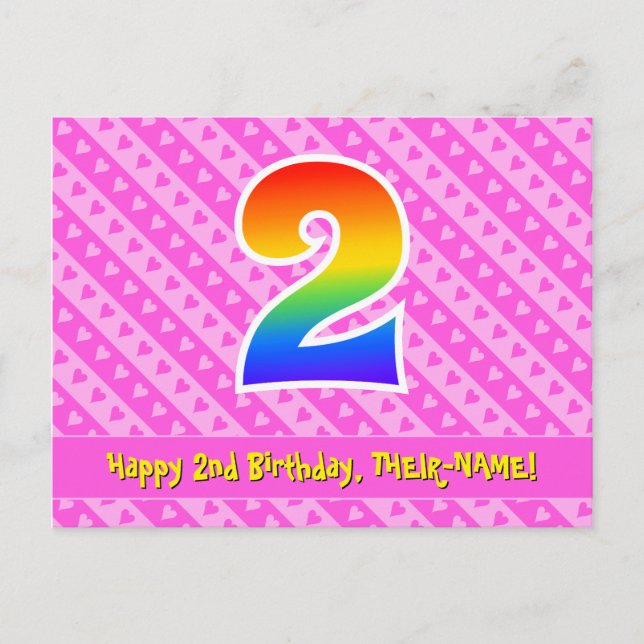Carte Postale 2e anniversaire : rayures roses et cœurs, arc-en-c (Devant)