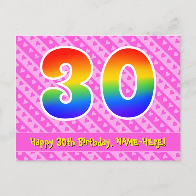 Carte Postale 30e anniversaire : rayures roses et cœurs, arc-en- (Devant)