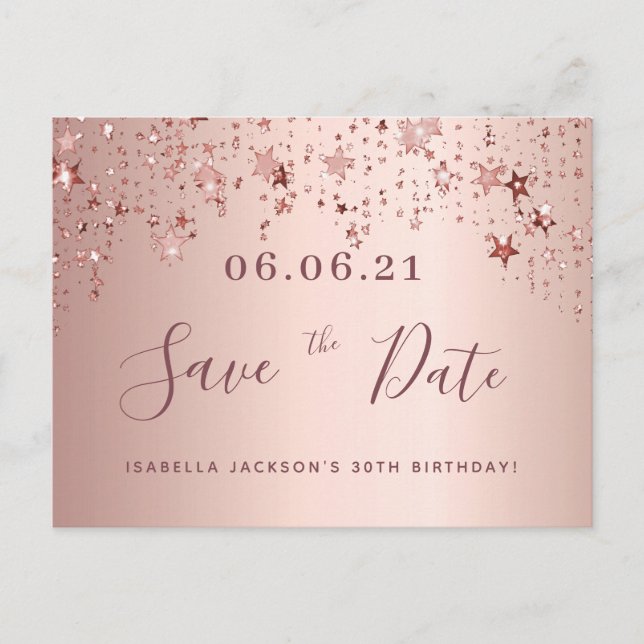 Carte Postale 30e anniversaire rose or étoiles blush enregistrer (Devant)