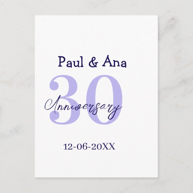 Carte Postale 30th anniversary purple bold letter name simple re (Devant)