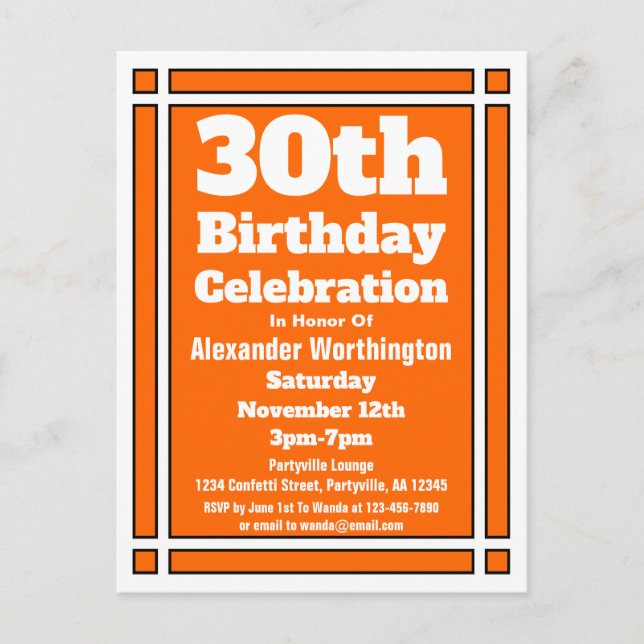 Carte postale 30th Orange Simple Birthday Invitati (Devant)