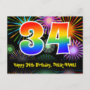 Carte Postale 34e anniversaire - Fun Fireworks Motif + Rainbow 3