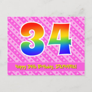 Carte Postale 34e anniversaire : Rayures roses et cœurs, Arc-en-