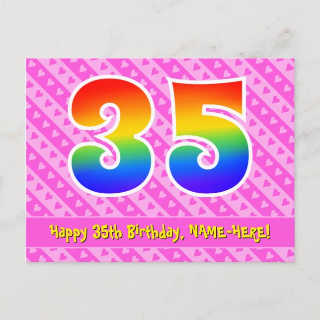 Carte Postale 35e anniversaire : Bandes roses & Cœurs, Arc-en-ci (Devant)