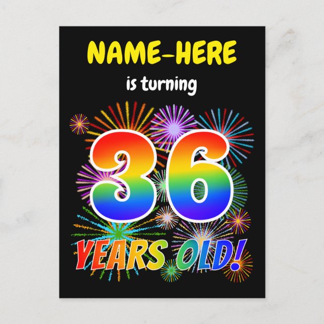 Carte Postale 36e anniversaire - Fun Fireworks, Rainbow Look "36 (Devant)