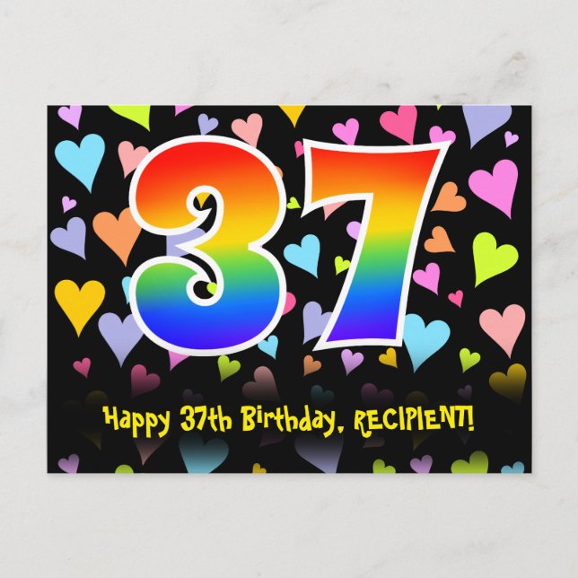 Carte Postale 37e Anniversaire : Motif Cœurs Amusants, Arc-en-ci (Devant)