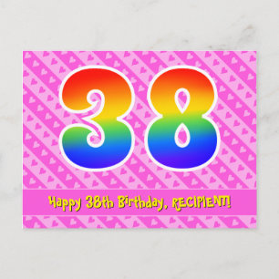 Carte Postale 38e anniversaire : rayures roses et cœurs, arc-en-