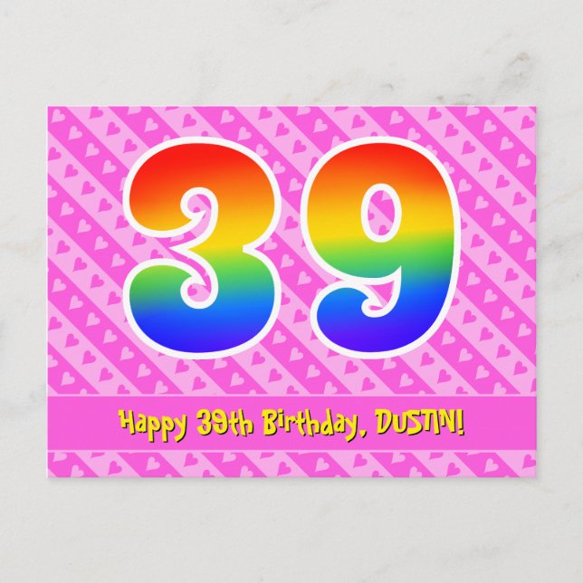 Carte Postale 39e anniversaire : bandes roses et cœurs, arc-en-c (Devant)