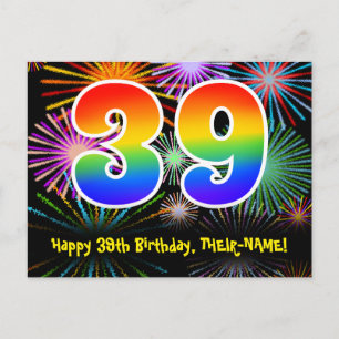 Carte Postale 39e anniversaire - Fun Fireworks Motif + Rainbow 3