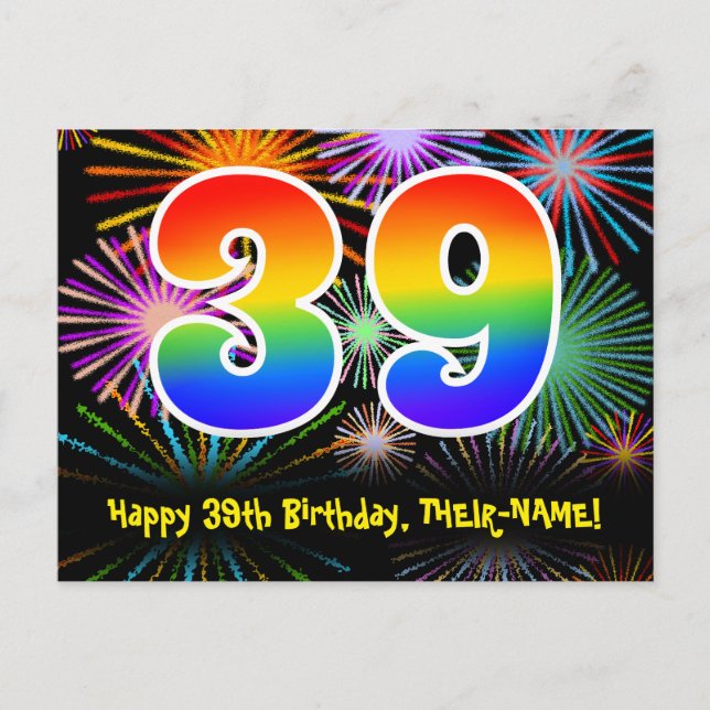 Carte Postale 39e anniversaire - Fun Fireworks Motif + Rainbow 3 (Devant)