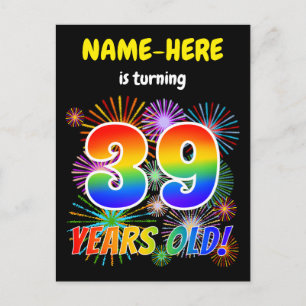 Carte Postale 39e anniversaire - Fun Fireworks, Rainbow Look "39