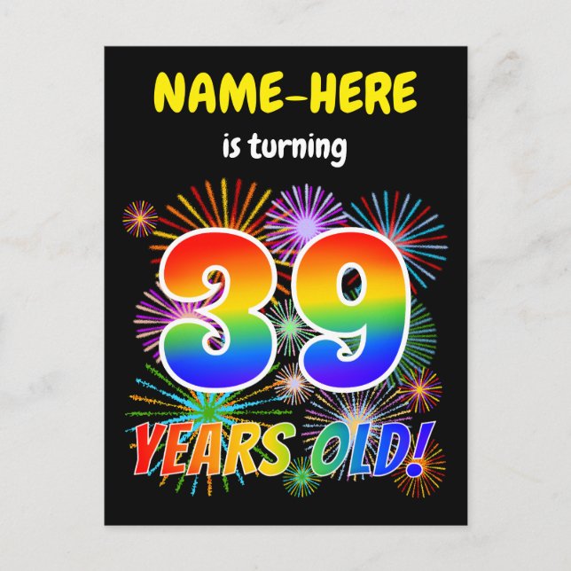 Carte Postale 39e anniversaire - Fun Fireworks, Rainbow Look "39 (Devant)