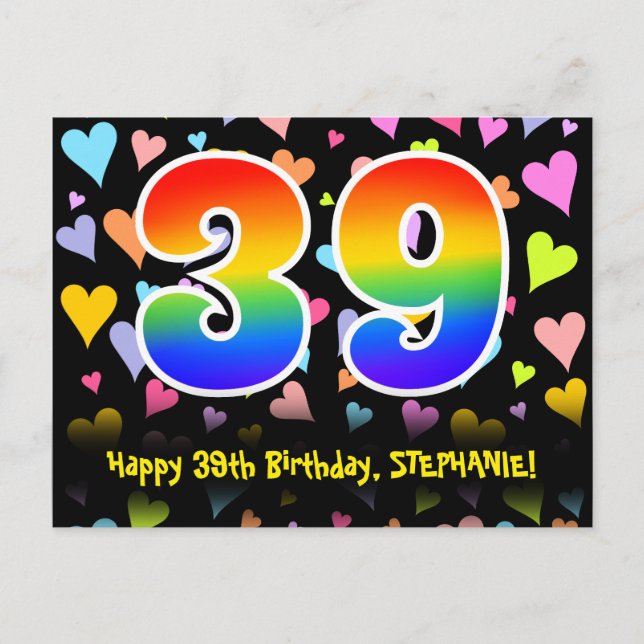 Carte Postale 39e Anniversaire : motif coeurs amusants, arc-en-c (Devant)
