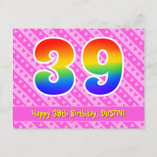 Carte Postale 39e Anniversaire : Rayures roses & Cœurs, Arc-en-c