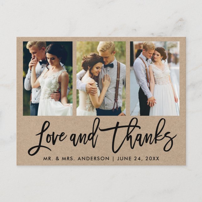 Carte Postale 3 Photo Brush Script Mariage Amour Merci Kraft (Devant)
