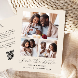 Carte Postale 3-Photo Collage QR Code Beige Enregistrer la date