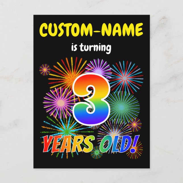 Carte Postale 3e anniversaire - Fun Fireworks, Rainbow Look "3" (Devant)