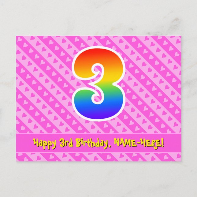 Carte Postale 3e anniversaire : rayures roses et cœurs, arc-en-c (Devant)