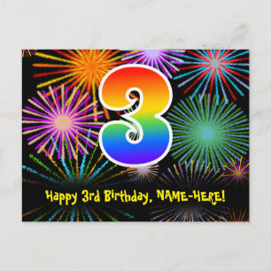 Carte Postale 3ème anniversaire - Fun Motif Fireworks + Rainbow 