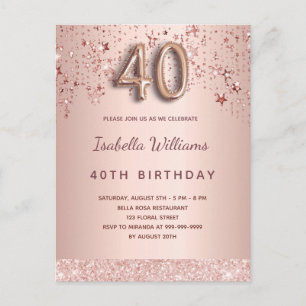 Carte Postale 40e anniversaire rose or rose étoiles script ballo