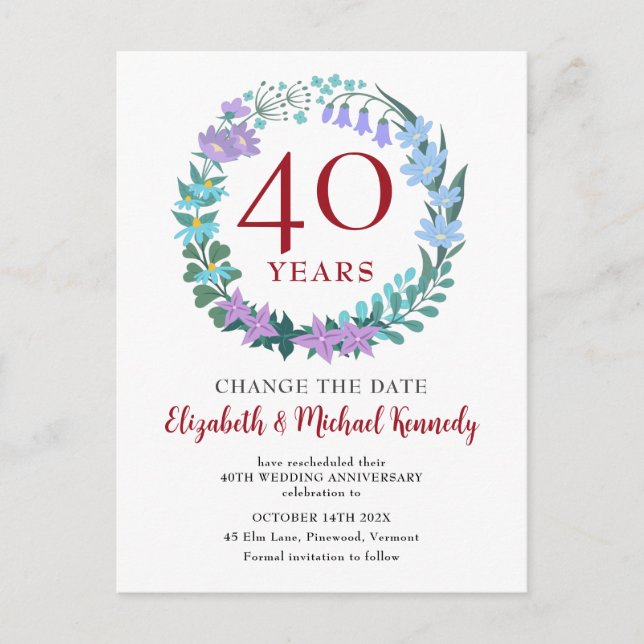 Carte Postale 40e anniversaire Ruby Floral Bluebells Date de cha (Devant)