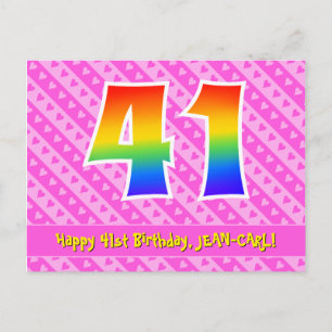 Carte Postale 41e anniversaire : rayures roses et cœurs, arc-en-